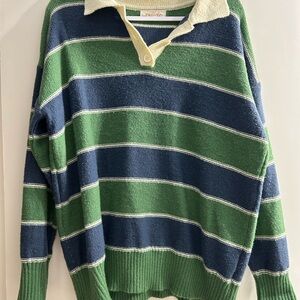 Listicle Green and Blue Striped V-Neck Sweater